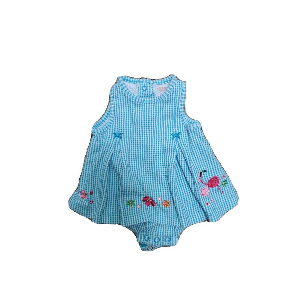 Baby Girl NB blue white plaid romper dress